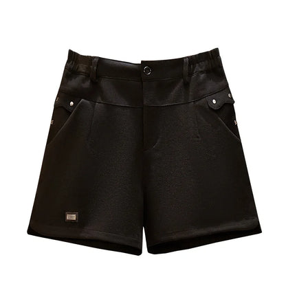 New 2022 Autumn Winter Plus Size Shorts For Women Large Casual Black Wide Leg Pocket Woolen Thick Shorts 3XL 4XL 5XL 6XL 7XL