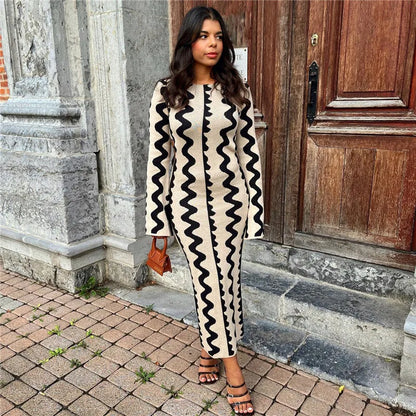 hirigin Vintage Wave Print Knitted Long Dress Women Elegant Party Pencil Dress Long Sleeve Crew Neck Cutout Waist Pencil Dress