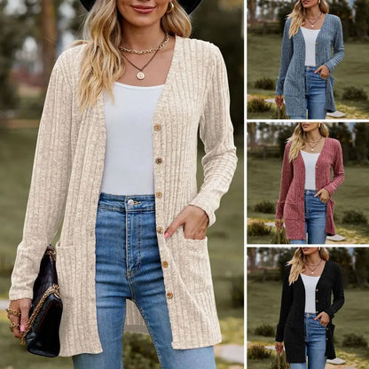 Front Button Pocket Coat Solid Color Cardigan Cozy Knitted Women's Winter Fall Coat Long Sleeve Soft Warm with for Ladies