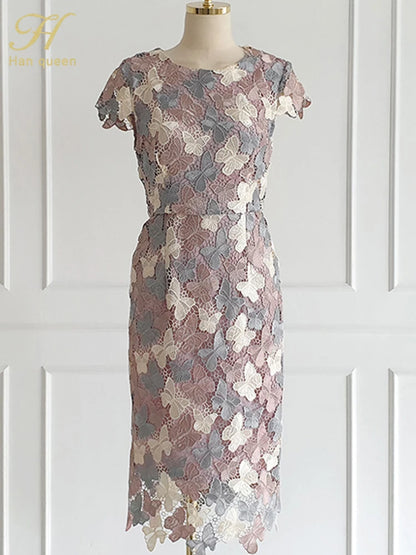H Han Queen 2023 Summer Elegant Chic Lace Dresses Women Korean Retro Vestidos Fashion Color Blocking Office Party Casual Dress