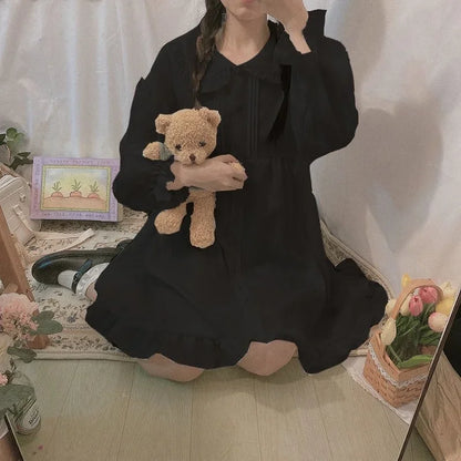 Women's Summer Spring Dress White Black Long Sleeves Lolita Dresses Ruffles Peter Pan Collar Preppy Style Princess Fairy Cute