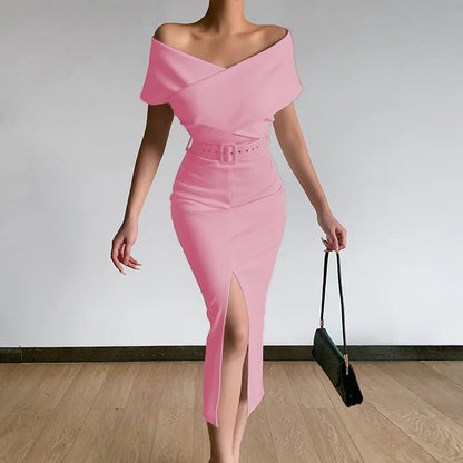 Women Elegant Commuter Wrap Hip Dresses Belt Included Crossover V Neck Off The Shoulder Gown Female Split Hem Pencil Dress 2024