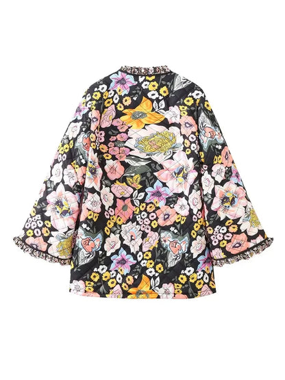TRAF Quilted Jacket Woman Autumn Winter Flower Printed Vintage Demi-season Jacket for Women Coats Tweed Warm New in Outerwear