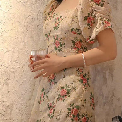Side High Slit Bubble Sleeve Floral Dress For Women'S French Tea Break Medium Length Square Neck Slim Fit Dress Party Gift