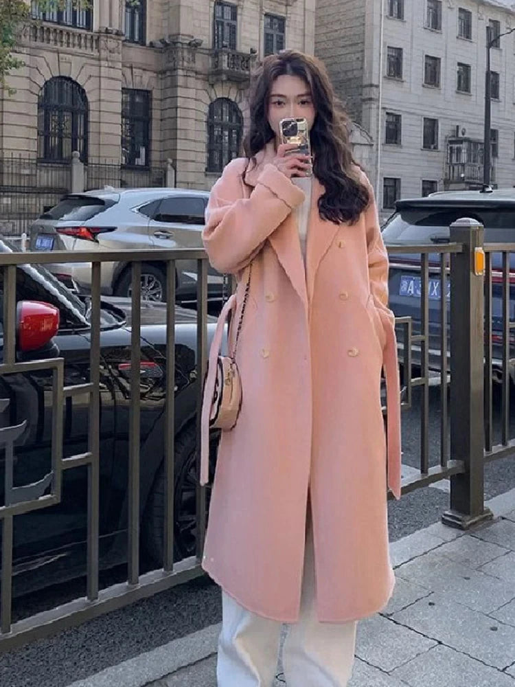 Lace UP Long Coat Women 2024 Spring Faux Woolen Full Sleeve Female Midi Jacket Fashion Single Breasted Loose Causal Lady Coats