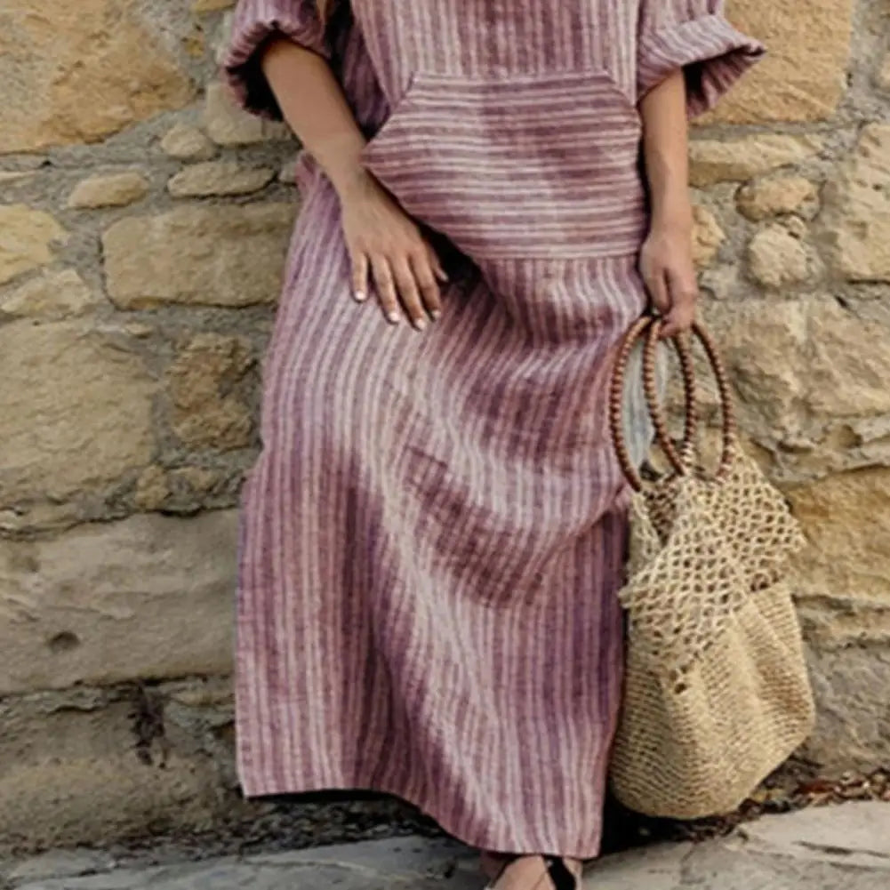 Summer Long Dress Cotton Linen Casual Dresses 2023 New Striped Loose Maxi Dress Sundress Vacation Clothes For Women