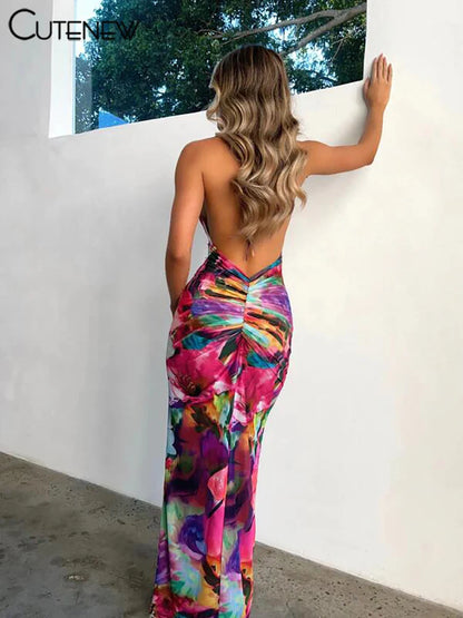 Cutenew Women's Pink Elegant Long Maxi Dress Sexy Lace Strap Backless Sleeveless Suspender Dress Summer Street Casual Vestidos