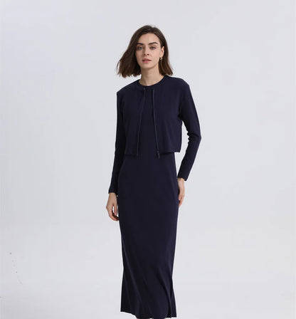 AS woman clothes zipper cardigan and Ankle Maxi Length long dress nature fiber brand ribbing fabric clothing