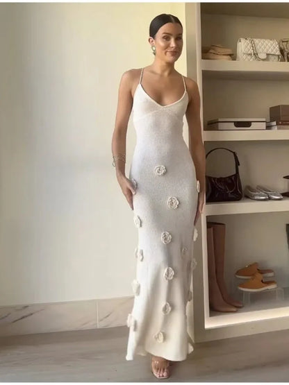 Women Elegant 3d Flower Sling Maxi Dress Knit Fashion V-neck Sleeveless Slim Dresses 2024 New White Lady Chic High Street Robes