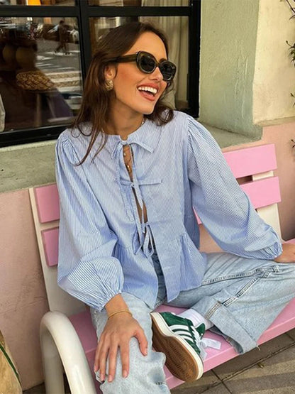 Hollow Out Lace Up Shirts Women Bow Elegant Puff Long Sleeves Lady Blouse 2024 Spring Summer New Print O-neck Fashion Female Top