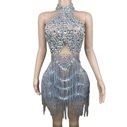 Luxury Sexy See Through Halter Silver Beads Crystals Dresses Black Girls Tassel Short Birthday Party Prom Dresses 2024 Sanjiao
