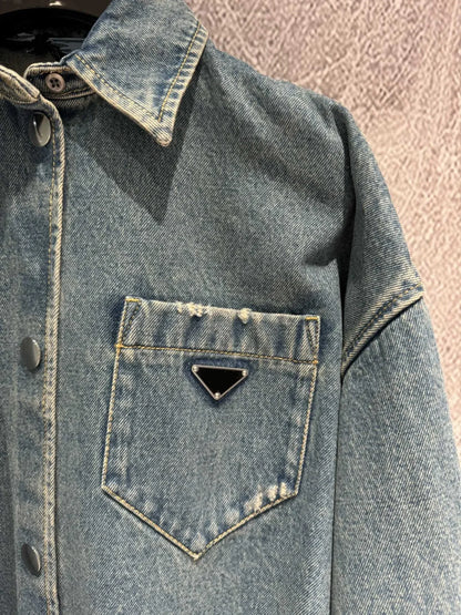 2024 Spring/Summer New American Vintage Turndown Collar Oversize Loose Long sleeved Long Shirt Washed Denim Coat woman tops
