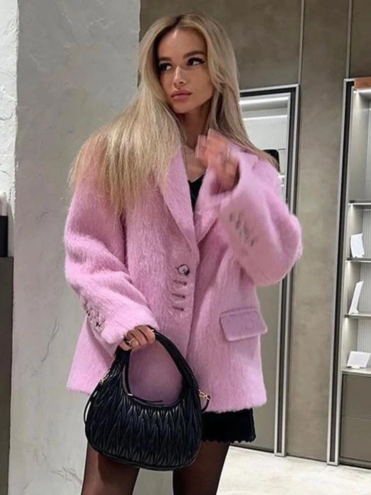 Lapel Collar Plush Pink Coats For Women Fashion Long Sleeves Single Breasted Loose Jackets Autumn Winter Female Packet Overcoat