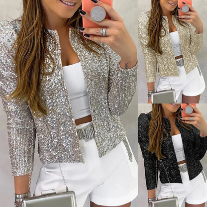 Women New Streetwear Cardigan Elegant Fashion Glitter Beads Party Cardigans Ladies Autumn Casual Solid Round Neck Sunscreen Tops