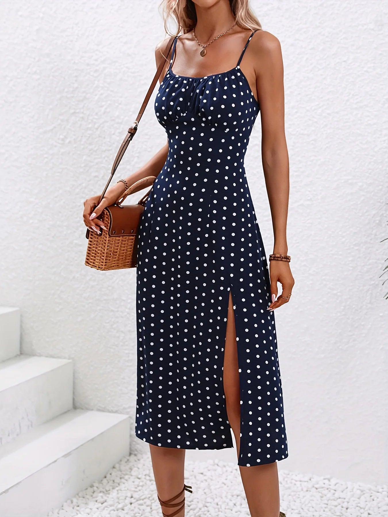 2024 Women Floral Print Spaghetti Straps Summer Boho Beach Dress Print Elegant  Suspenders Square Neck Slit Dress Vestidos