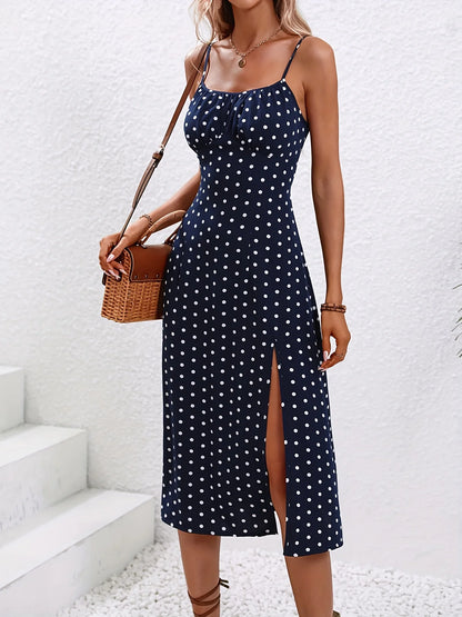 2024 Women Floral Print Spaghetti Straps Summer Boho Beach Dress Print Elegant  Suspenders Square Neck Slit Dress Vestidos