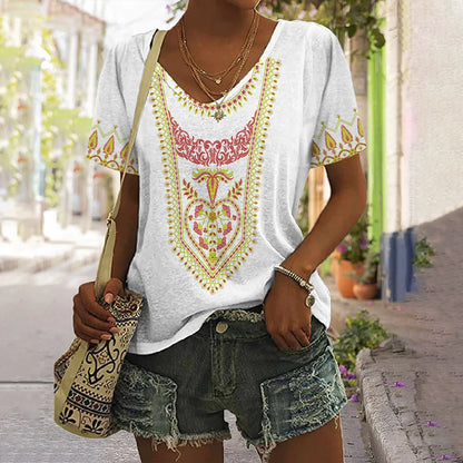Vintage Shirt For Women Totem Printed Ethnic Style Women's Clothing Summer Casual Short Sleeved Tops Tees Oversized T-Shirt