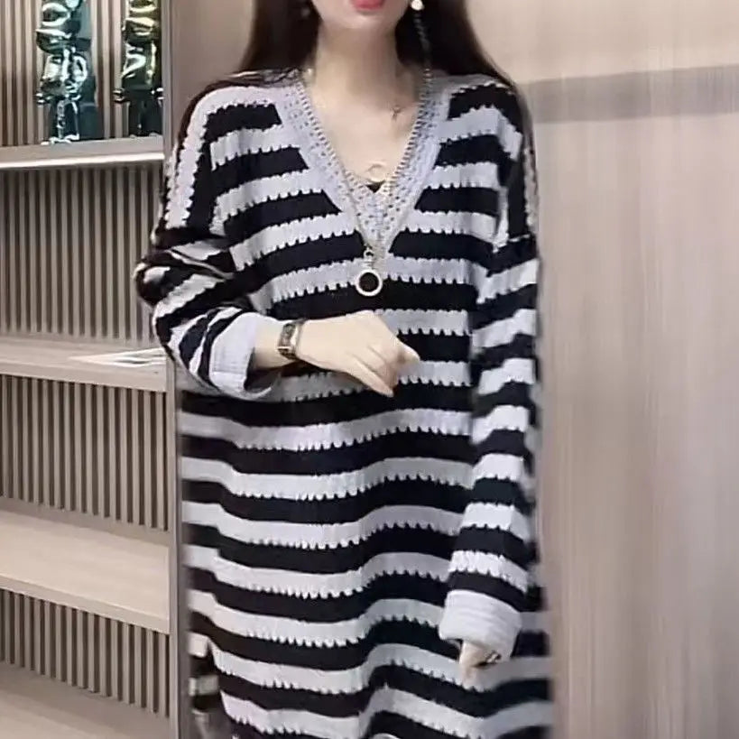 Spring Autumn New Hollow Stripe Knitted Skirt for Women's European Retro Mid Length Loose V-neck Long Sleeved Sweater Dress