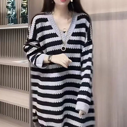 Spring Autumn New Hollow Stripe Knitted Skirt for Women's European Retro Mid Length Loose V-neck Long Sleeved Sweater Dress