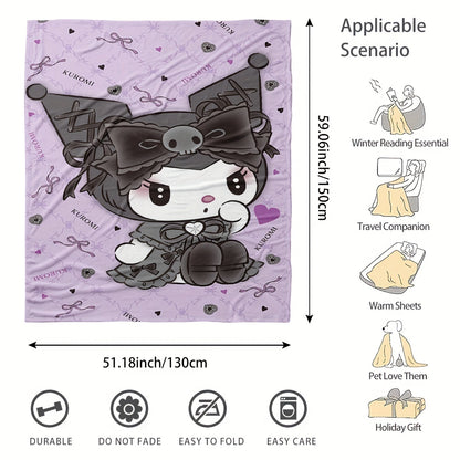 Sanrio Kuromi Cartoon Print Flannel Throw Blanket - Contemporary Style Digital Printing Knitted Polyester Soft Multipurpose All-Season Blanket for Living Room, Bedroom, Camping, Travel - 200-250g Lightweight Warmth