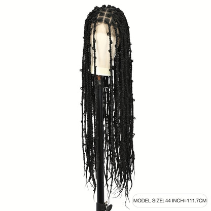 44 150% Density Full Lace Bohemian Braided Wig with Triangle Knotless Box Braids, Boho Curls, and Natural Black Color for African Women