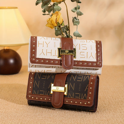 Trendy Classic Long Clutch Wallet, Vintage Print Colorblock Rivets Decor Trifold Coin Purse For Women