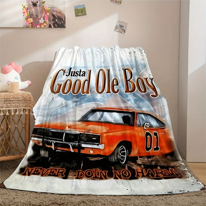 Vintage Cartoon Car Pattern Flannel Fleece Throw Blanket - Soft and Cozy Multipurpose All-Season Contemporary Blanket with Unique Embellishment for Sofa, Bed, Office, Camping, Travel - 100% Polyester Knitted Fabric
