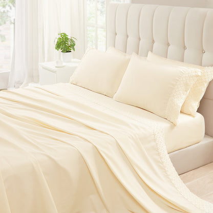 6 Piece Cooling Sheets Queen Set,Extra Deep Pocket White Queen Sheets & 4 Pillowcases,Breathable & Washable Queen Bedding Sheets,Wrap-around Elastic & Wrinkle Free Soft Queen Sheets