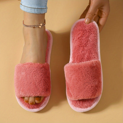 Winter Plush Open Toe Slippers, Solid Color Cozy & Warm Slip On Shoes, Comfy Indoor Floor Slippers