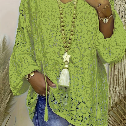 ZllKl Plus Size Boho Blouse, Women's Plus Solid Lace Lantern Sleeve Tassel Trim V Neck Tunic Shirt Top