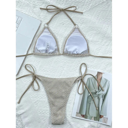 Women Sexy 2 Pieces Suit Knitted Hollow Out Swimsuit Triangle Thong Padded Bikini Halter Lace-up Swimwear Backless Bathing Suits