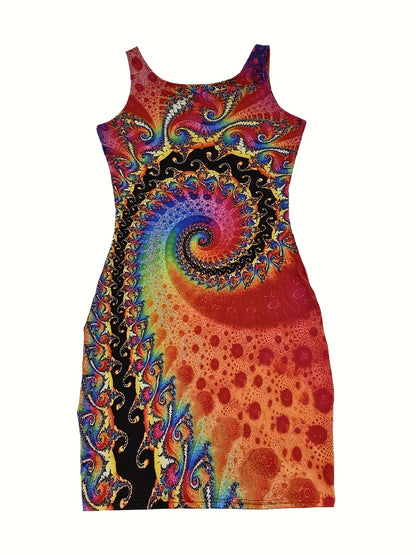Flattering Abstract Print Sleeveless Tank Dress - Fashion-Forward Casual Style - Figure-Hugging Bodycon Fit - Perfect for Spring & Summer - Comfortable Crew Neckline - Womens Wardrobe Essential