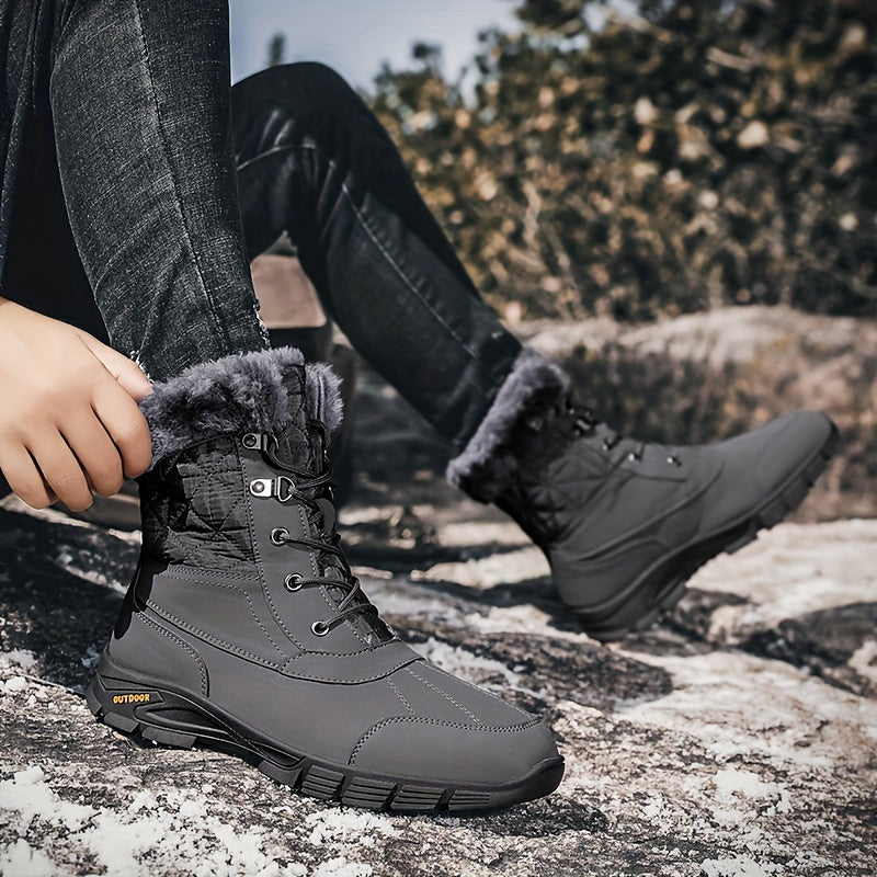 Men's Casual Snow Boots, Anti-skid Windproof High-top Lace-up Boots With Fuzzy Lining For Outdoor, Autumn And Winter