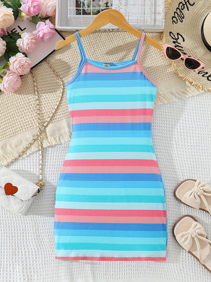 Colorful Stripe Dress - Bodycon Slim Fit Design, Adjustable Spaghetti Straps, Slip-on Style - Perfect for Little Girls and Tweens, Ideal Summer Gift for Birthday Parties, Outdoor Playdates, or Casual Occasions