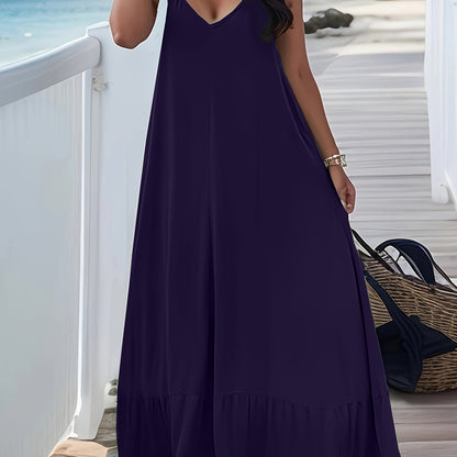Plus Size Peplum Cami Maxi Dress - V Neck, Backless, Slight Stretch, Polyester, Machine Washable, Solid Color, Vacation Style, Knit Fabric - Perfect for Summer