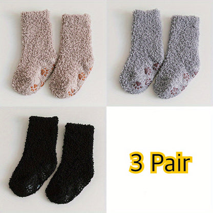 3pairs Baby Boys Kids Thickened Warm Coral Fleece Socks For Winter, Anti-skid Socks, 0-5 Years Old Toddlers Children's Trendy Socks