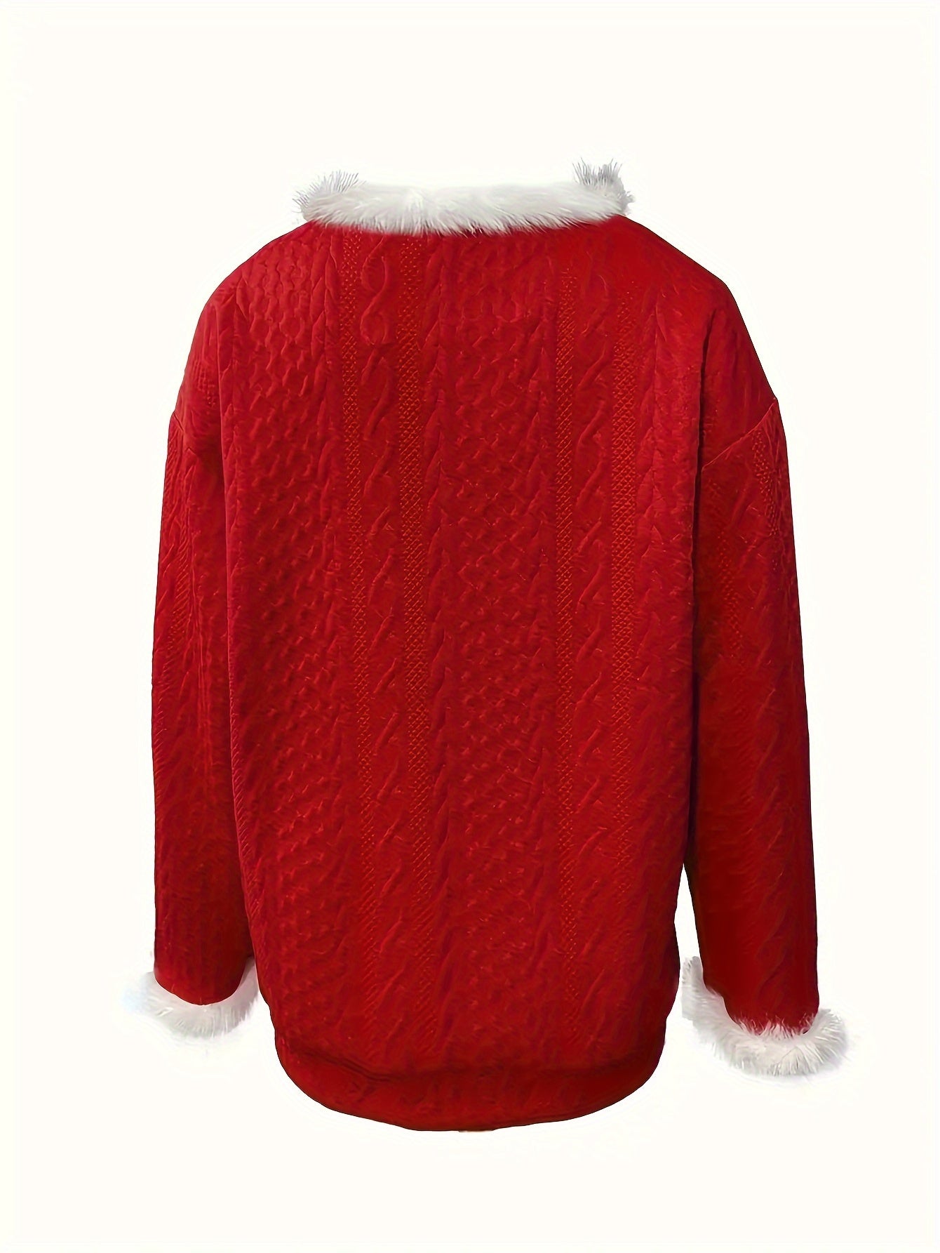 Women'S Plus Size Christmas Sweater with Faux Fur Trim, V-Neck Long Sleeve Pullover, Casual Knit Cardigan, Solid Color, Regular Fit, All Seasons