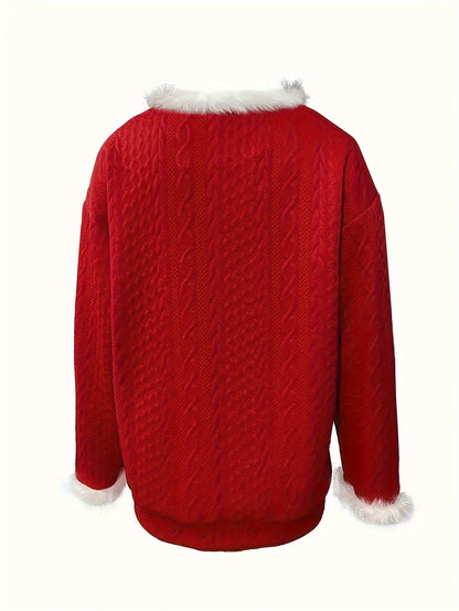 Women'S Plus Size Christmas Sweater with Faux Fur Trim, V-Neck Long Sleeve Pullover, Casual Knit Cardigan, Solid Color, Regular Fit, All Seasons