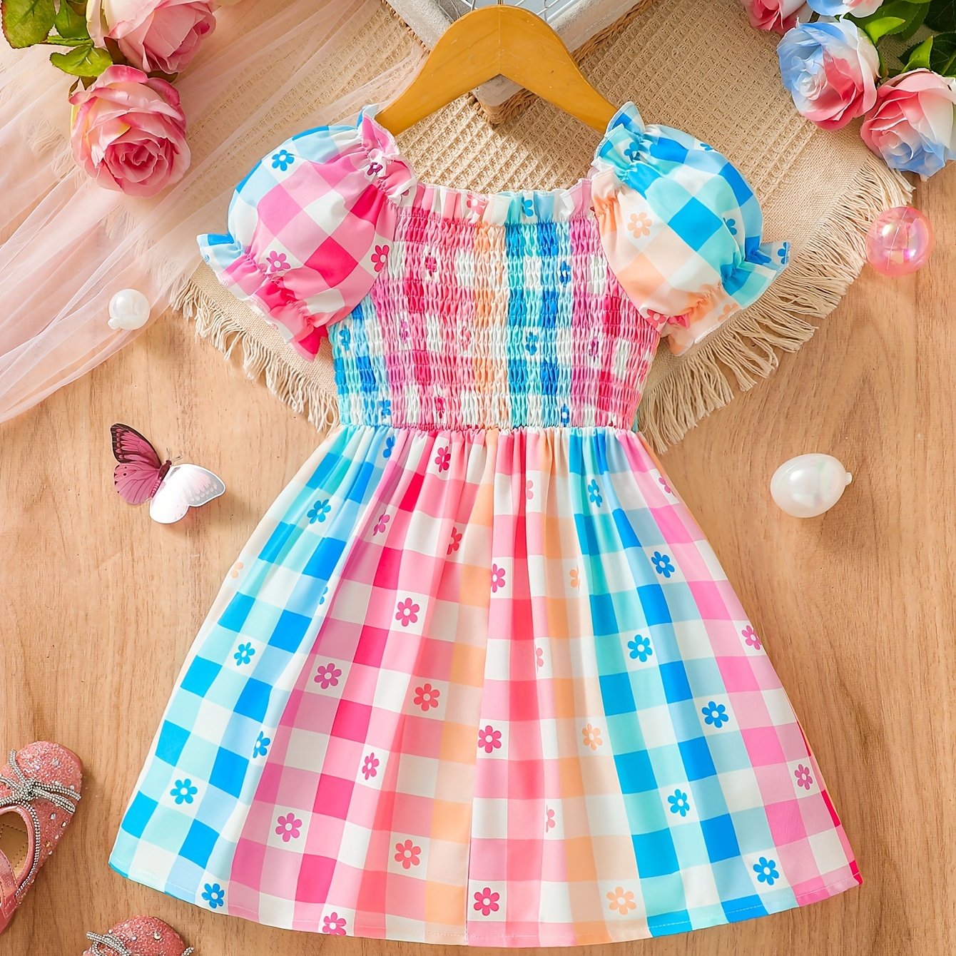 Adorable Girls Sweet Plaid A-line Smocked Dress - Comfy, Casual, Holiday-Perfect, Summer-Friendly Clothing - Ideal Gift for Little Ones