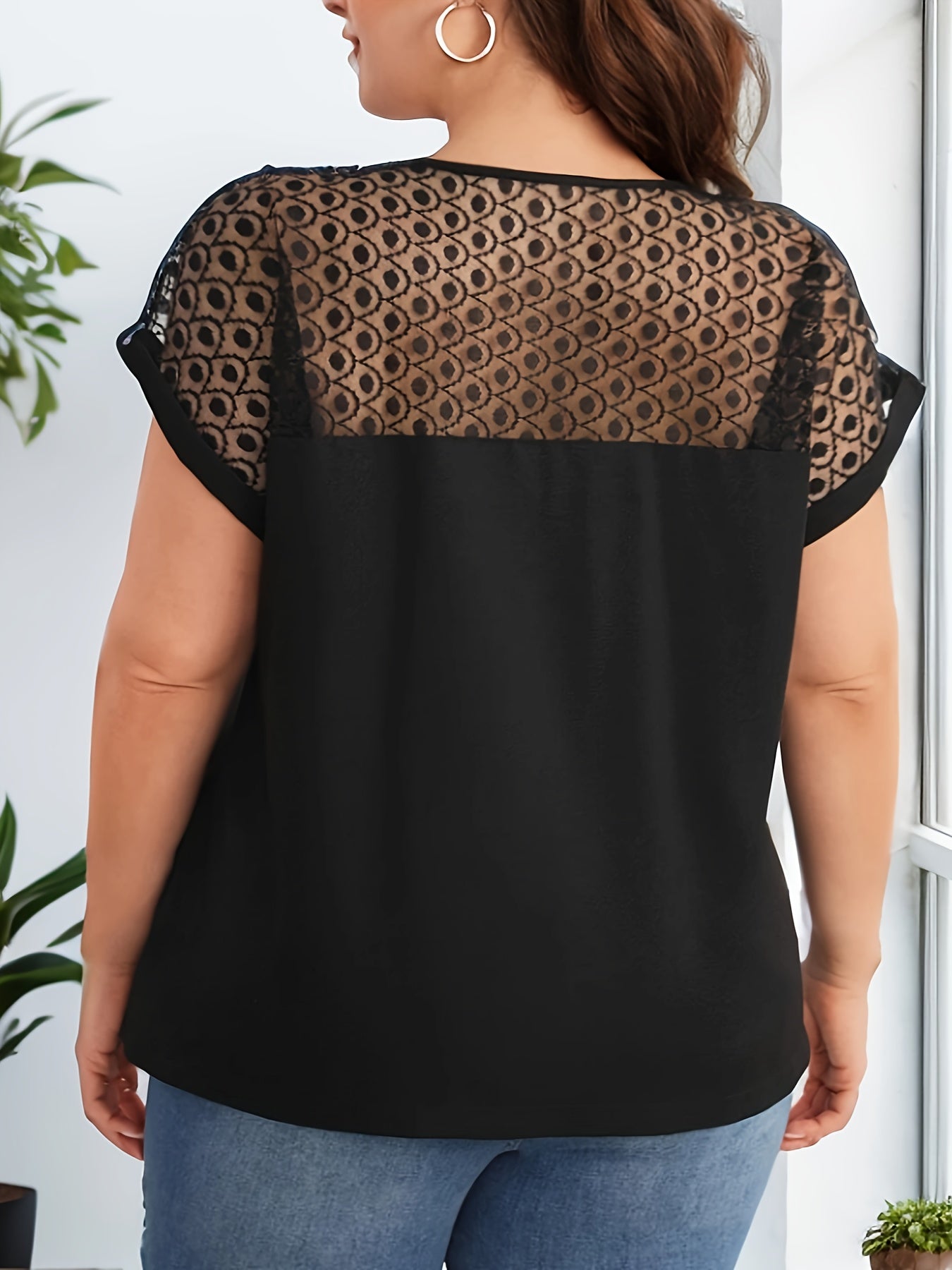 Plus Size Elegant Batwing Sleeve Crew Neck Blouse - Contrast Lace Stitching, Slight Stretch Polyester, Weekend Casual Solid Color Top for Spring & Summer - Elegant Womens Clothing for All Seasons