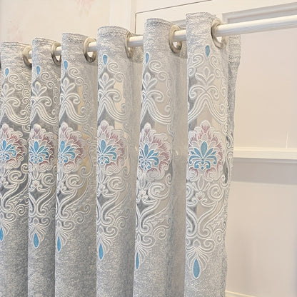 1pc Exquisite Grey and Blue Jacquard Embroidered Window Sheer Curtain - Adds Elegance to Living Room, Bedroom, Balcony with Soft Filtered Light, Privacy Protection, and Easy Installation - Perfect Home Decor for Windows