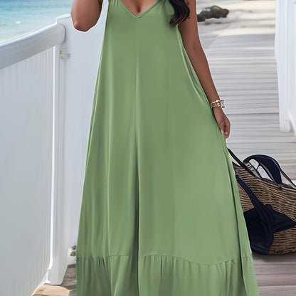 Plus Size Peplum Cami Maxi Dress - V Neck, Backless, Slight Stretch, Polyester, Machine Washable, Solid Color, Vacation Style, Knit Fabric - Perfect for Summer