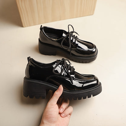 Stylish Womens Square Toe Platform Oxfords - Non Slip Rubber Soles, All-Match Black Lace Up Shoes with Man Made Materials and Comfortable Insoles for Spring Season
