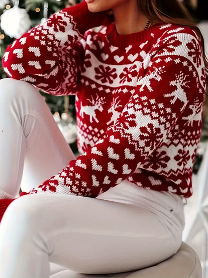 Elegant Red Reindeer & Snowflake Crew Neck Sweater - Cozy Knit Pullover for Women, Perfect for Christmas, for Winter, Autumn