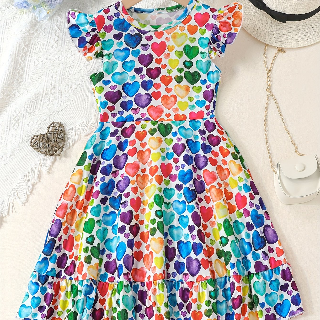 Girls Vibrant Hearts Print Round Neck Flying Sleeve Midi Dress - Adorable & Flowy for Summer Romance & Valentines Day