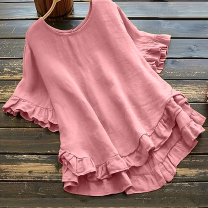 ZllKl Solid Button Back Ruffled Trim Blouse, Casual Short Sleeve Blouse For Spring & Summer, Women's Clothing