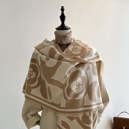 Winter Soft Warm Versatile Fringe Shawl Blanket Scarf - Fashion Scarves with Black and White Camellia Jacquard Pattern, Super Cozy, Lightweight, and Chic - Perfect for Cold Weather, Outdoor Activities, and Daily Wear