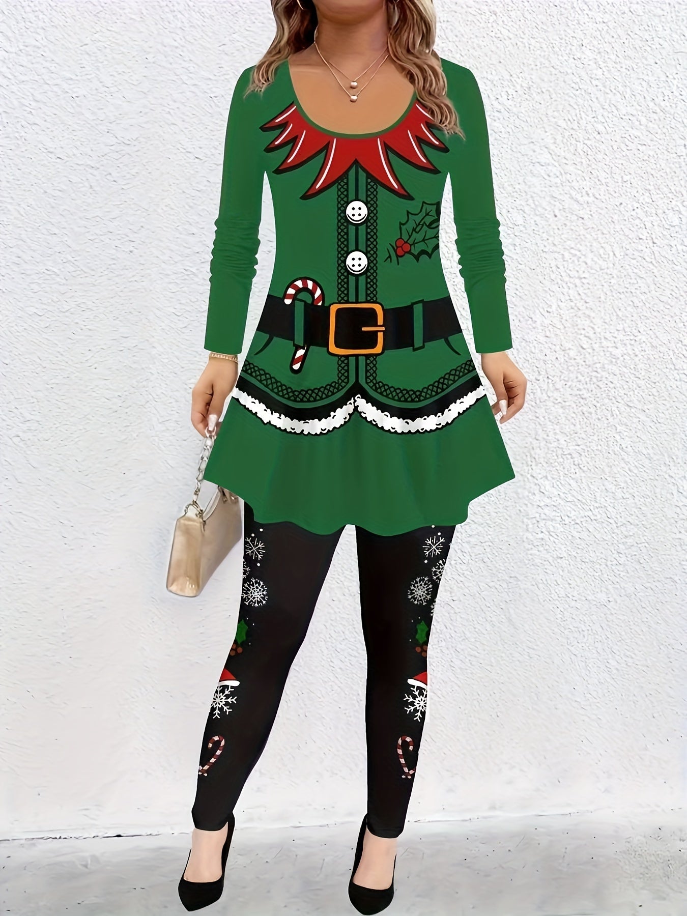 Jolly Vibes, Women's Plus Size Christmas Candy & Fruit Print Long Sleeve Tee and Leggings Set with Button Detail - Casual, Stretchy Polyester Outfit