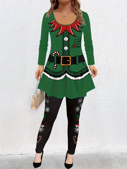 Jolly Vibes, Women's Plus Size Christmas Candy & Fruit Print Long Sleeve Tee and Leggings Set with Button Detail - Casual, Stretchy Polyester Outfit