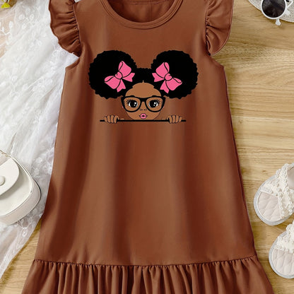 Girls Cartoon Graphic Knitted Ruffle Hem Flying Sleeve Dress - Soft, Slight Stretch, Regular Fit, Alphabets Pattern, Machine Washable, Perfect for Summer Casual Wear